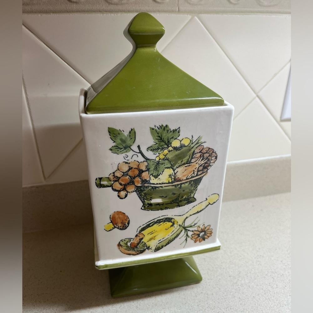 Vintage 1970s Ceramic Canister with Olive Green Lid and Fruit / Mushrooms